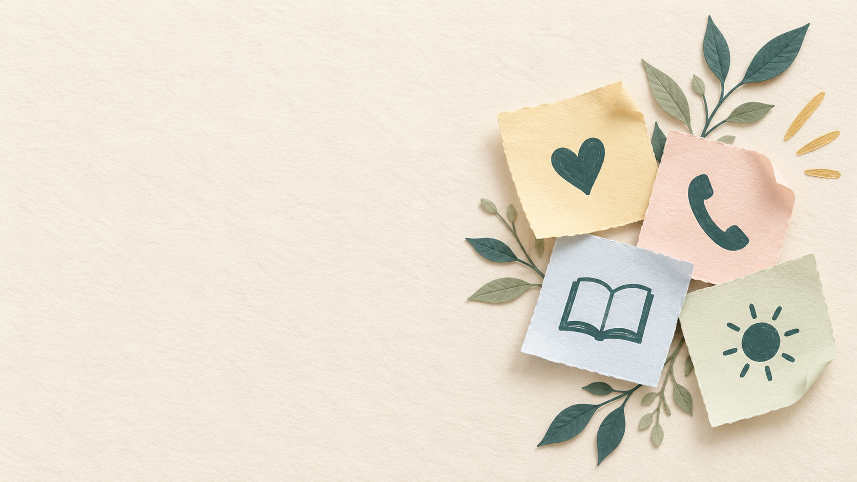 Quatre notes en papier pastel portant un cœur, un téléphone, un livre et un soleil, entourées de feuilles.